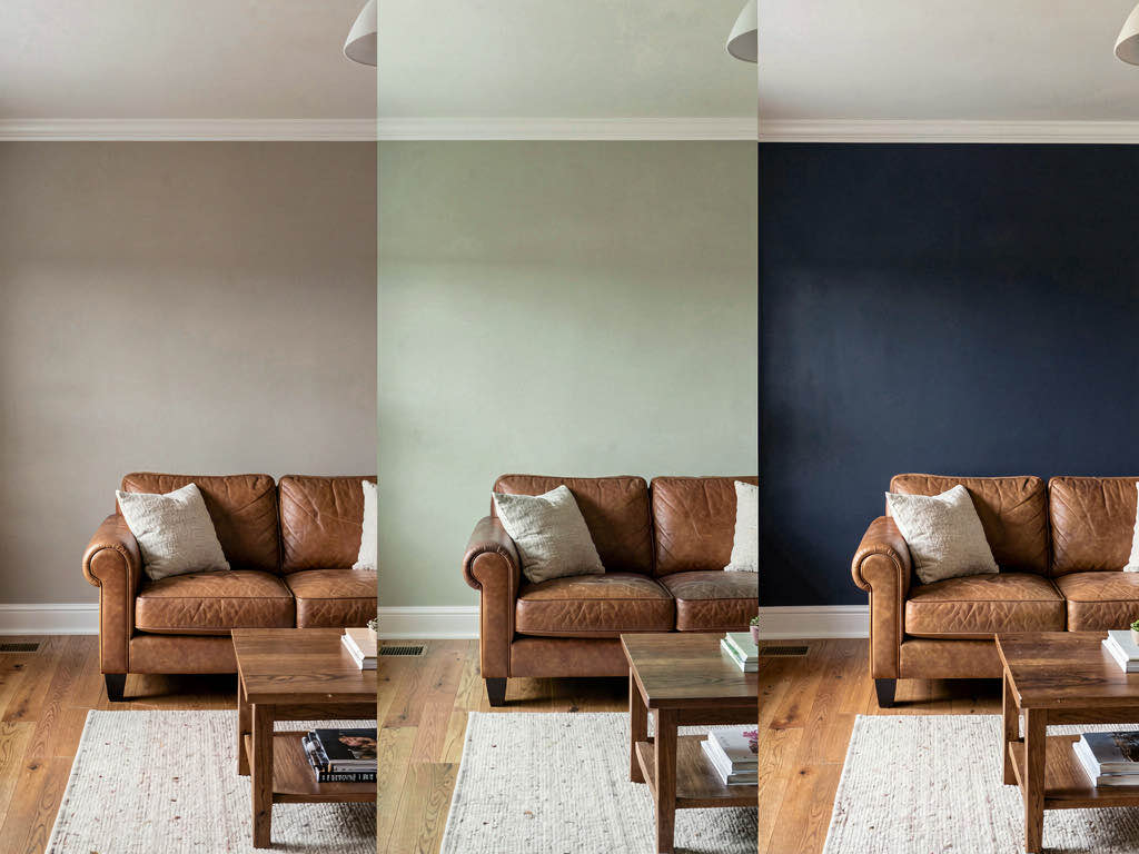 Three paint color options shown side by side on a living room wall for client approval