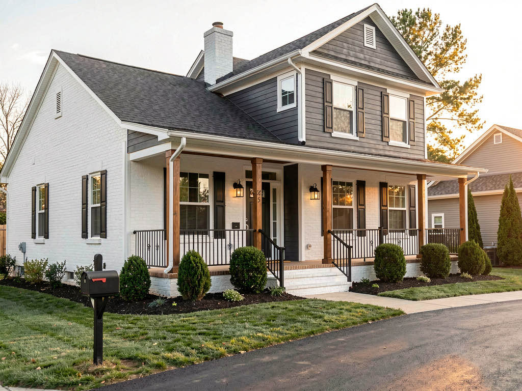 The same house with curb appeal transformation: painted brick, new siding, fresh landscaping, and modern fixtures