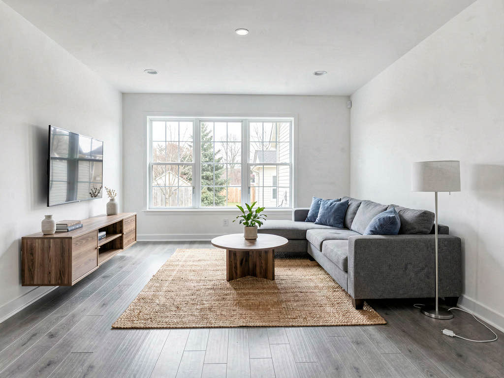 An empty living room staged with modern furniture for a real estate listing after a flip