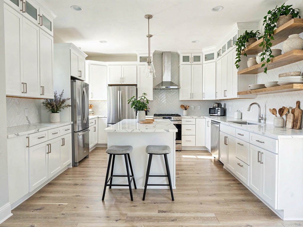 A beautifully renovated flip kitchen with white shaker cabinets, quartz countertops, and pendant lights