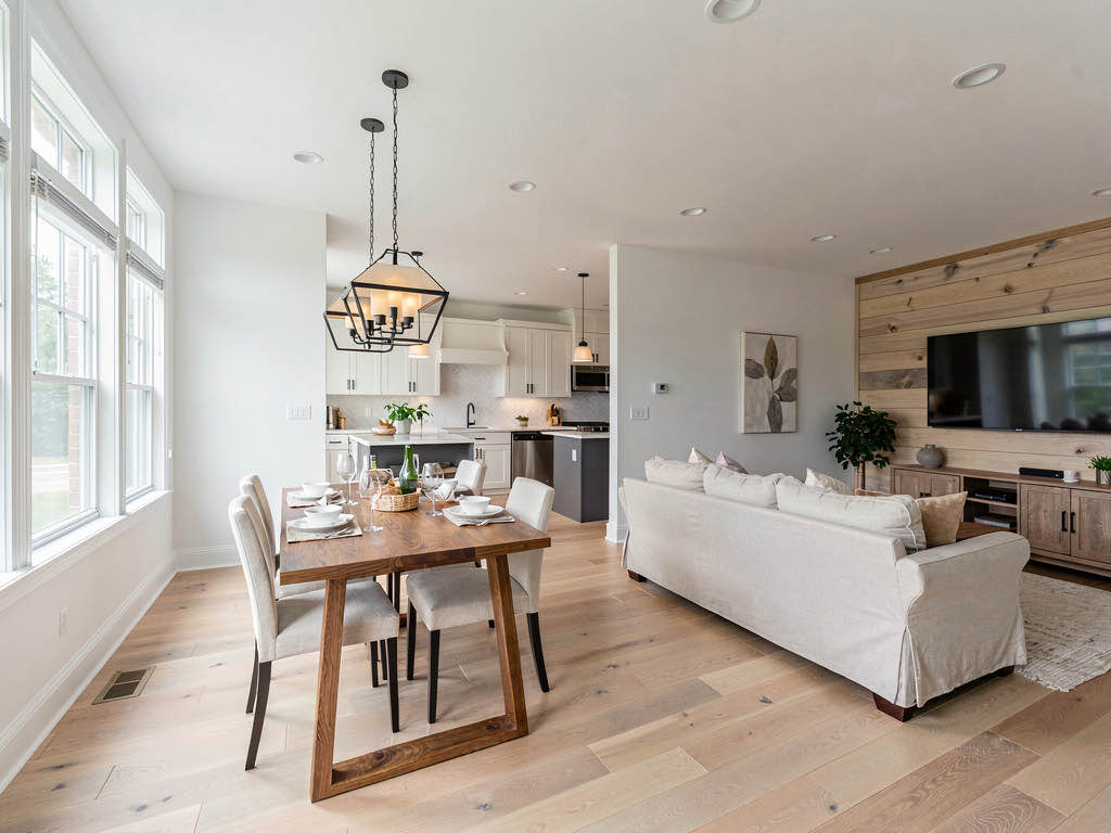 An open concept living and dining area in a completed house flip with modern finishes