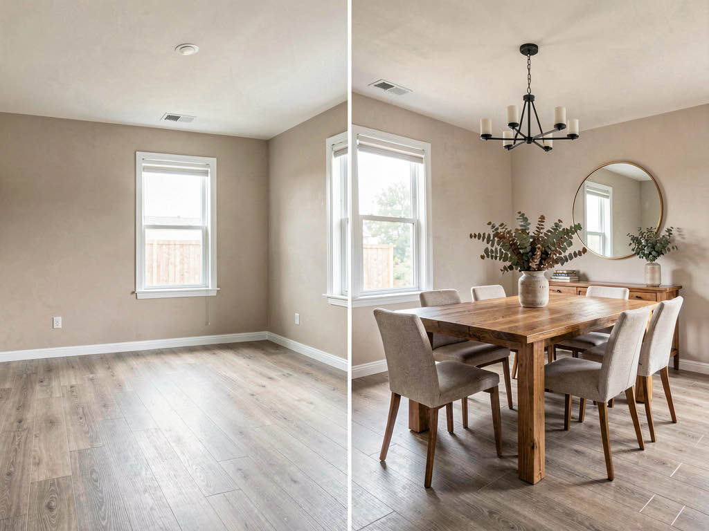 Before and after virtual staging of a dining room — from empty space to a fully furnished dining setup