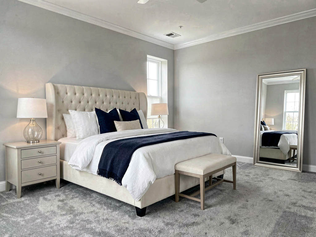 A master bedroom staged with a tufted cream headboard, navy bedding, and matching nightstands