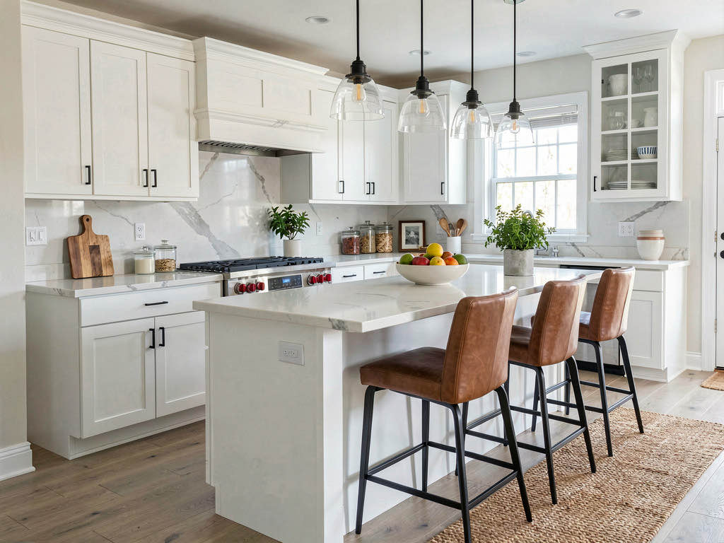 An empty kitchen staged with bar stools, pendant lights, cutting board, and herb planters on quartz countertops