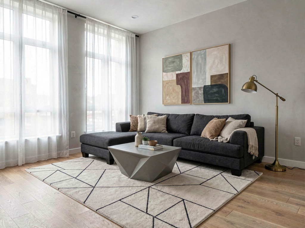 A vacant living room staged in modern style with a charcoal sectional, geometric rug, and brass floor lamp