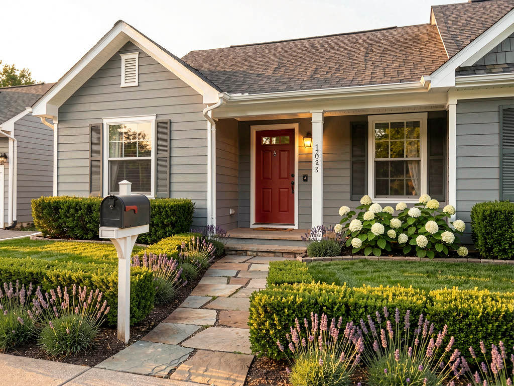 A suburban home exterior staged with fresh landscaping, a stone pathway, and warm porch lighting