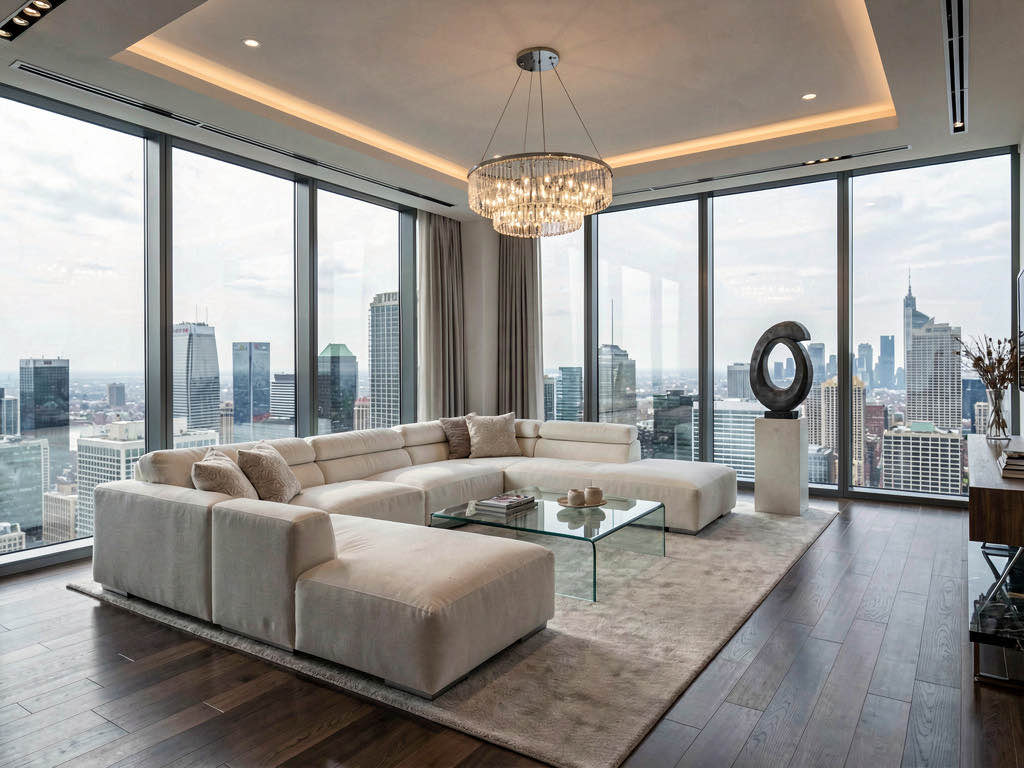 A luxury penthouse living room staged with a white L-shaped sofa, glass coffee table, and city skyline view