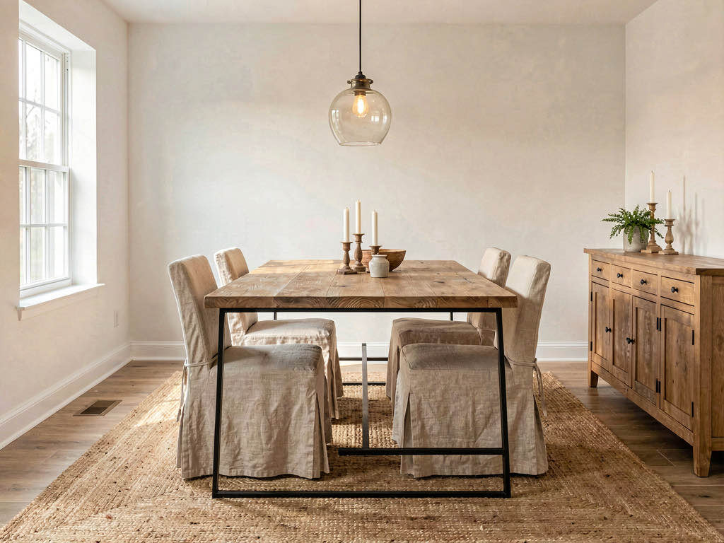 A farmhouse-style dining room staged for a listing with oak table, linen chairs, and a glass pendant light