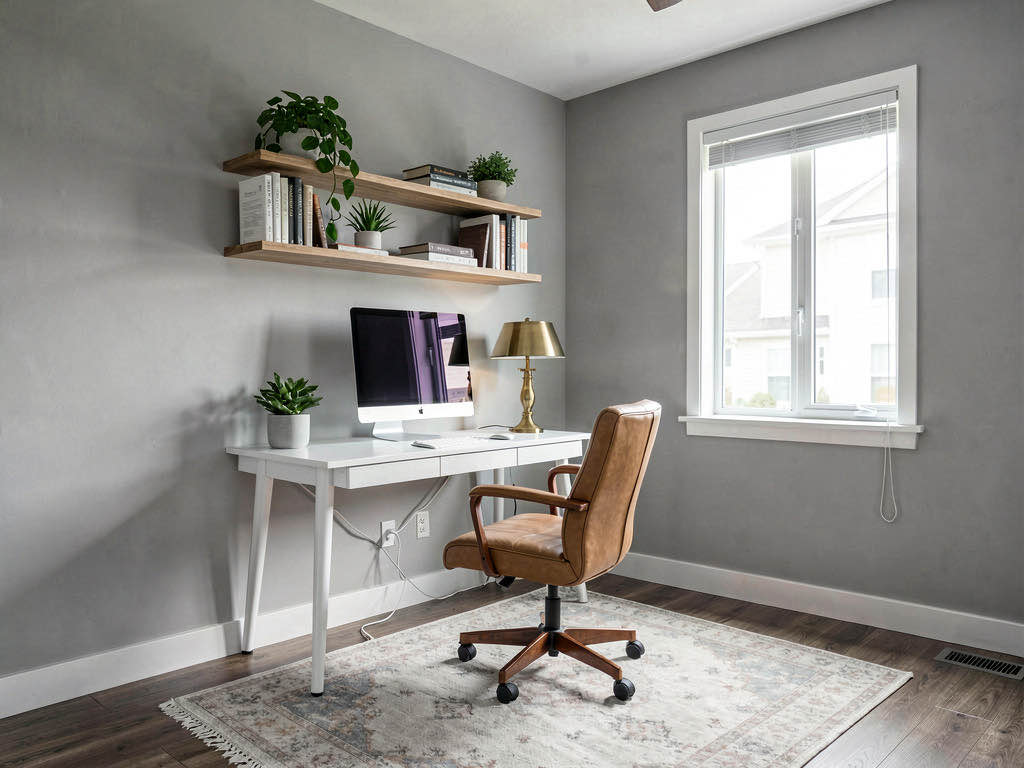 A home office virtually staged in a small bedroom with a white desk, leather chair, and floating shelves