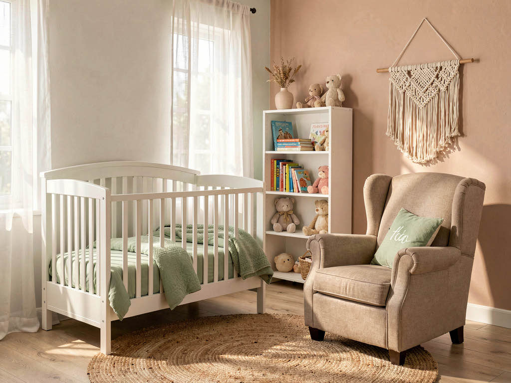 A virtually staged nursery with a white crib, oatmeal glider chair, and macrame wall hanging