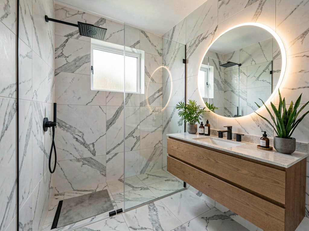 AI-redesigned spa-style bathroom with marble tile and floating vanity