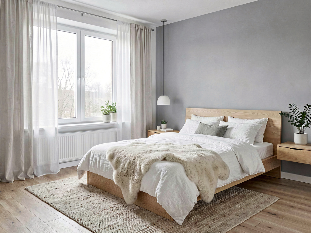 AI-redesigned Scandinavian bedroom with light oak bed and minimalist decor