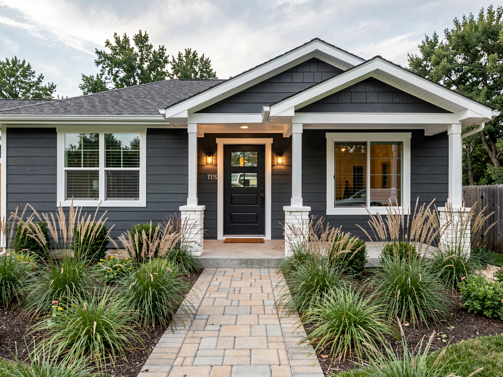 AI-redesigned exterior home with new siding, modern front door and updated landscaping