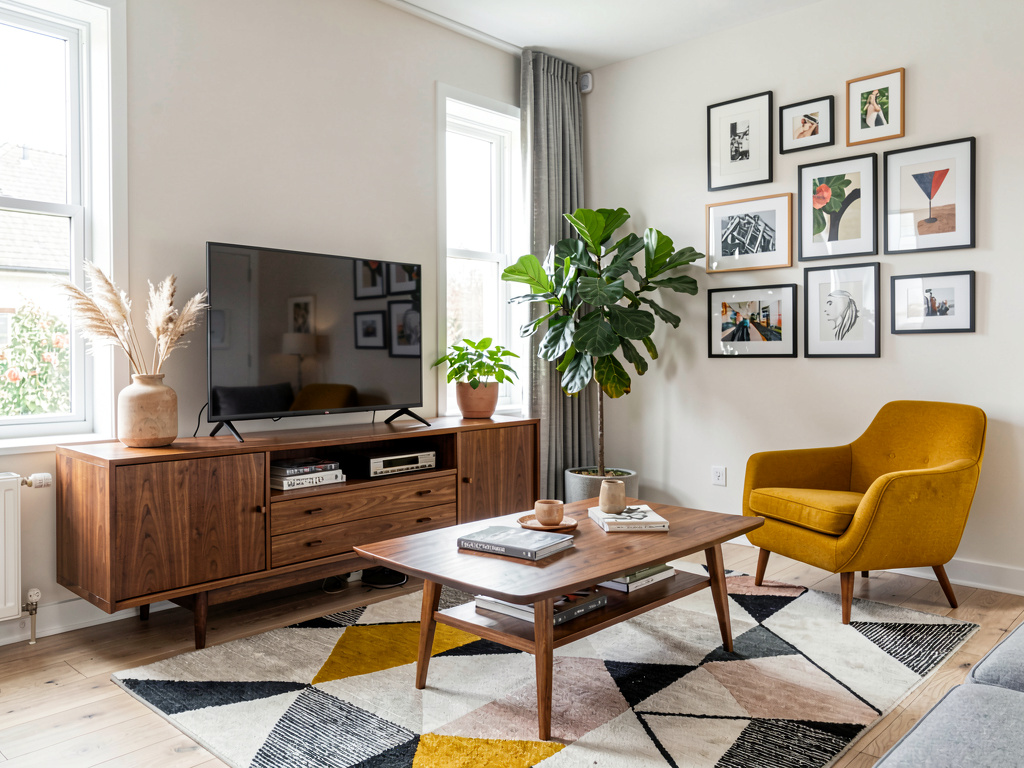 AI-redesigned living room in mid-century modern style with walnut furniture and mustard accents
