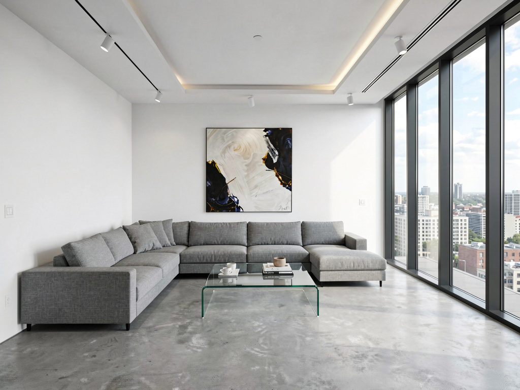 AI-redesigned minimalist modern living room with gray sectional and floor-to-ceiling windows