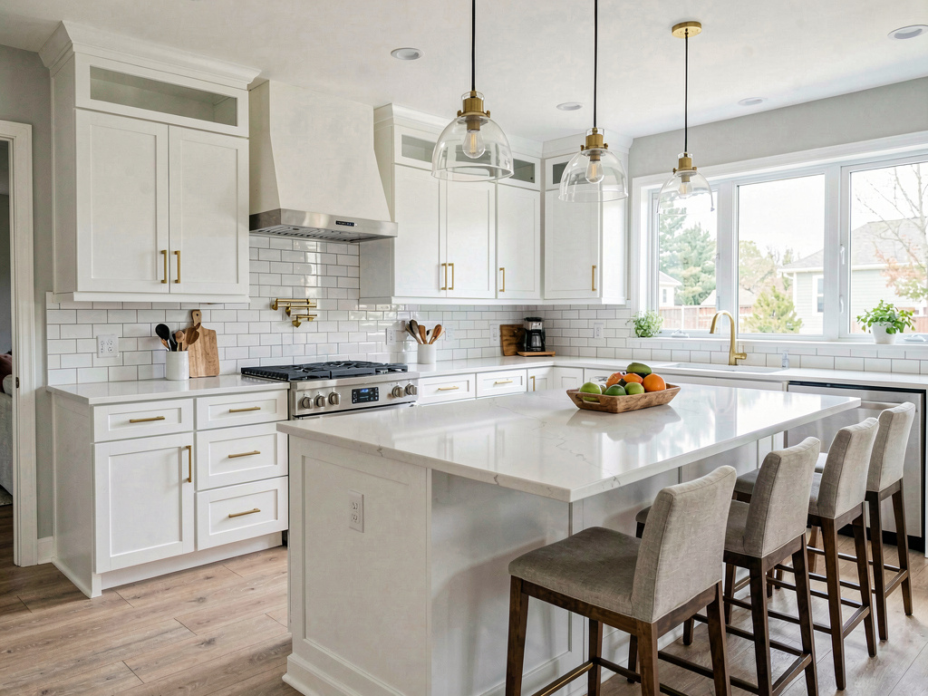 AI-redesigned modern kitchen with white cabinets, quartz counters and brass hardware