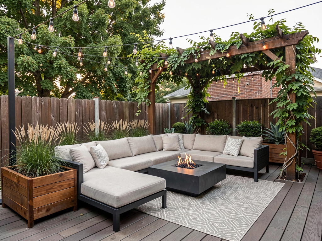 AI-redesigned outdoor patio with composite deck, modern furniture and string lights