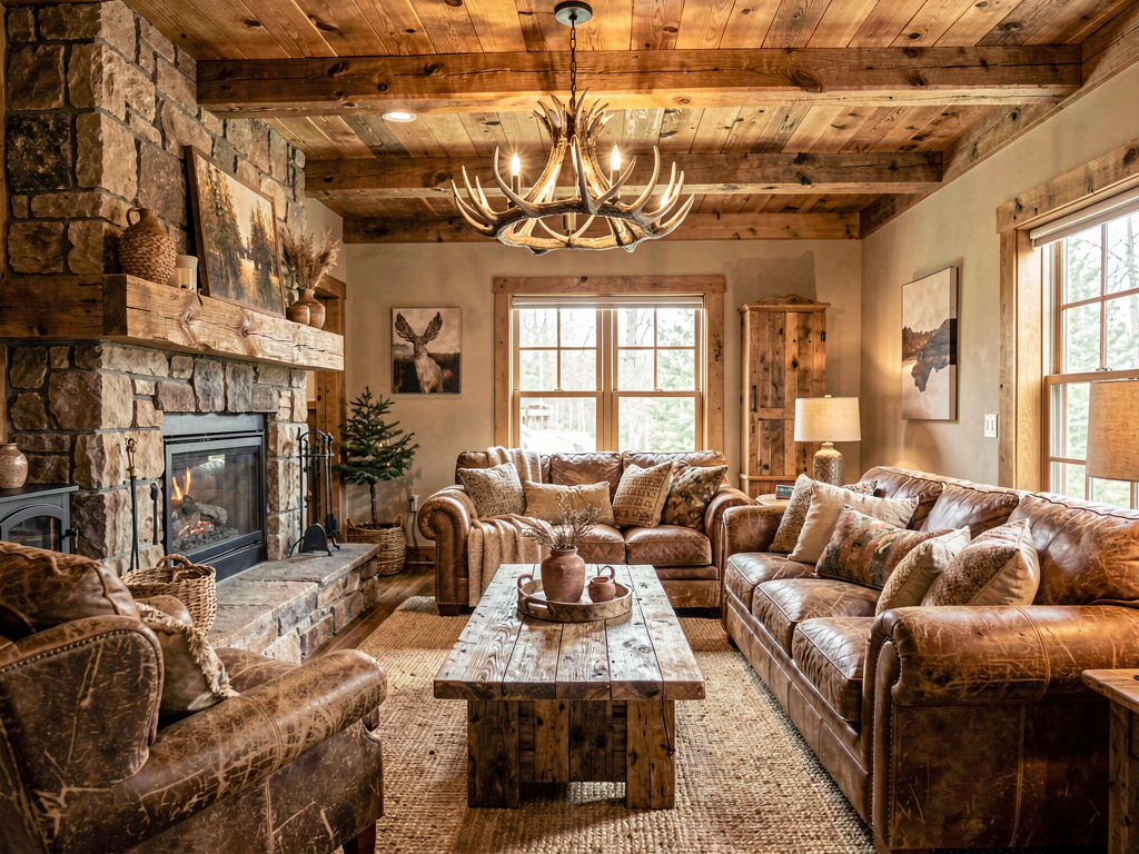 AI-redesigned rustic living room with stone fireplace, leather sofa and wood beams