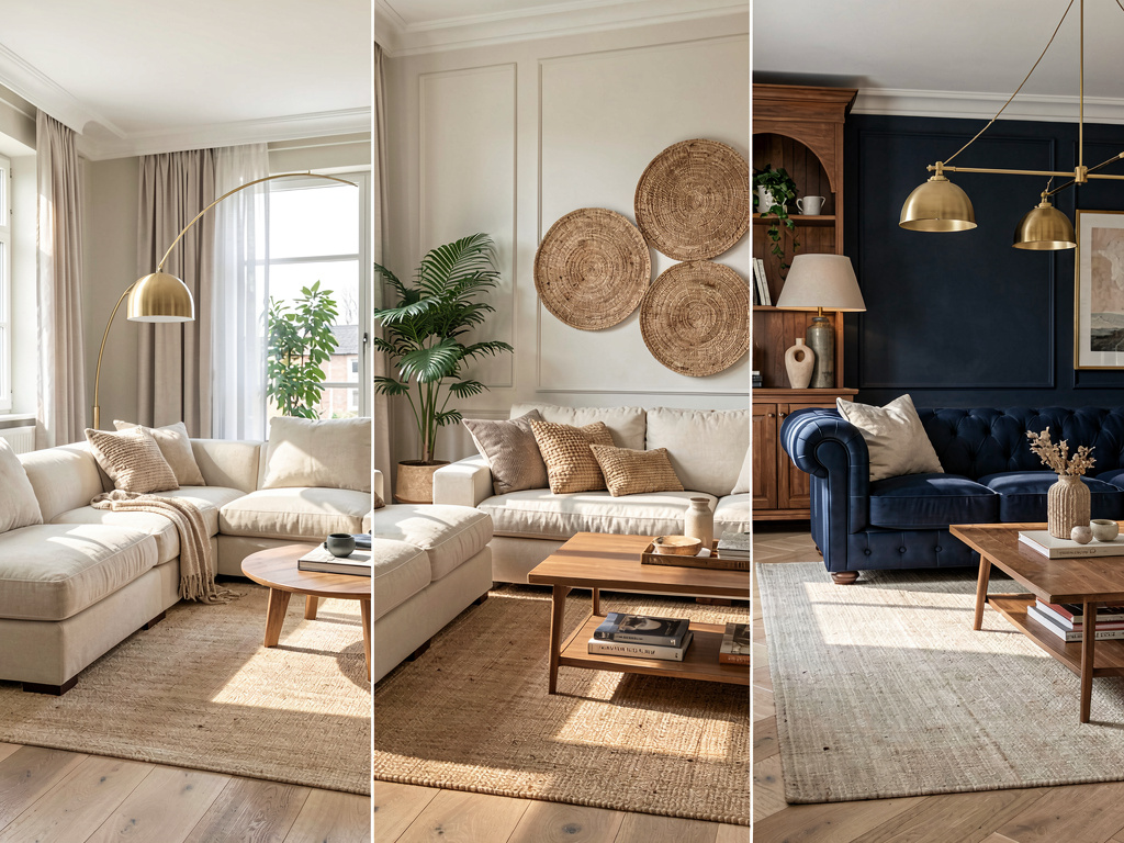 Same living room rendered in three different photorealistic style directions
