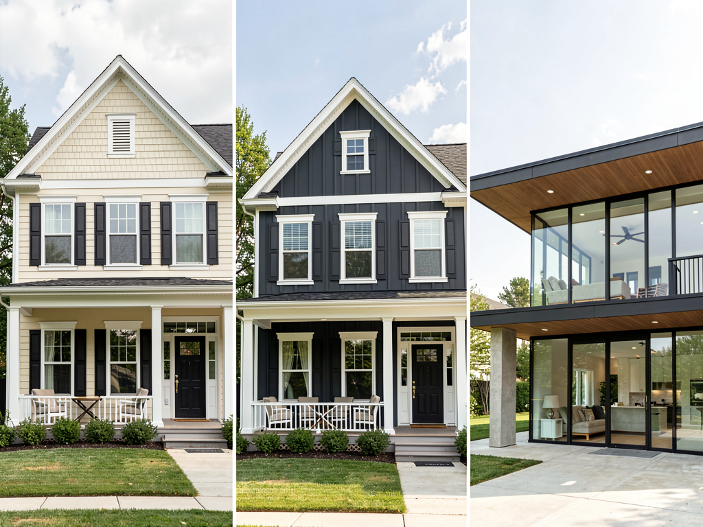 Same building rendered in three different architectural styles by Remodel AI free tier