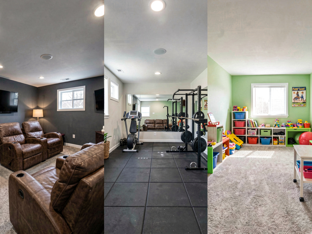 Same unfinished basement rendered as three different finished spaces