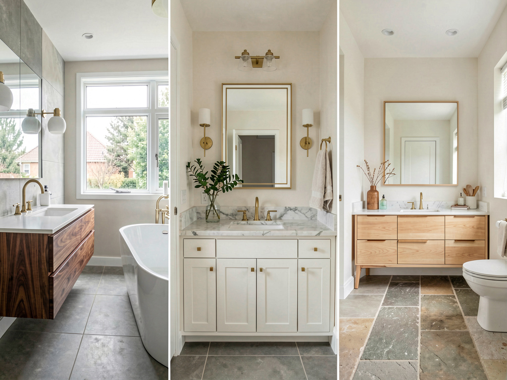 Outdated 1990s bathroom rendered as three different renovation directions by Remodel AI free tier