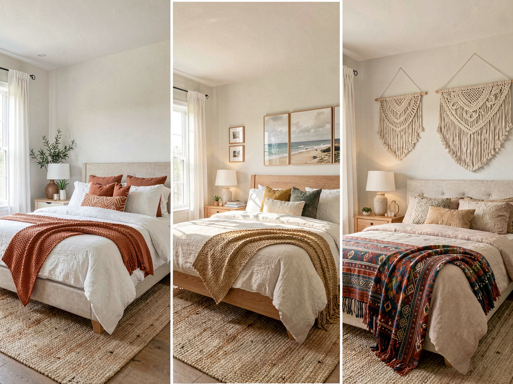 Bedroom decor rendered in three different style directions