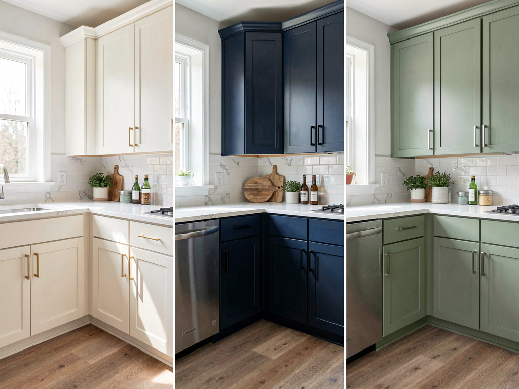 Same kitchen rendered with three different cabinet color schemes by Remodel AI free tier