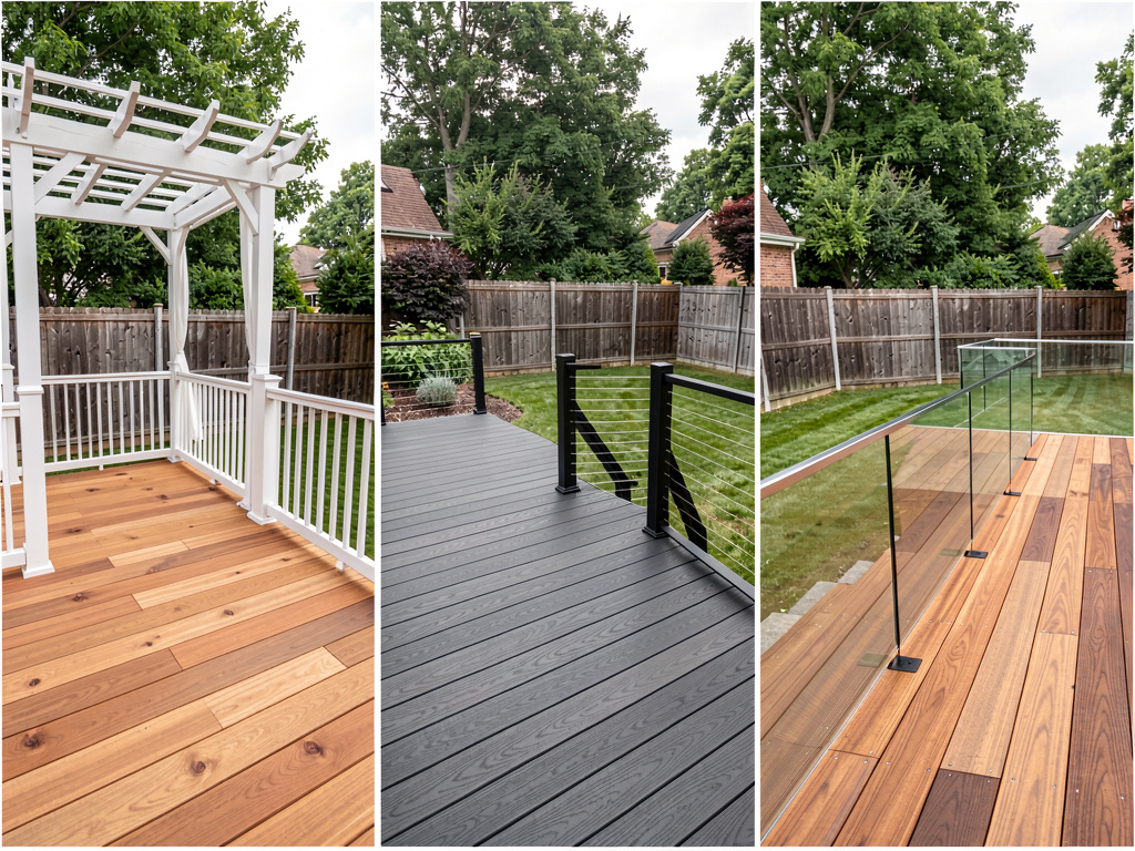 Same backyard rendered with three different deck design directions