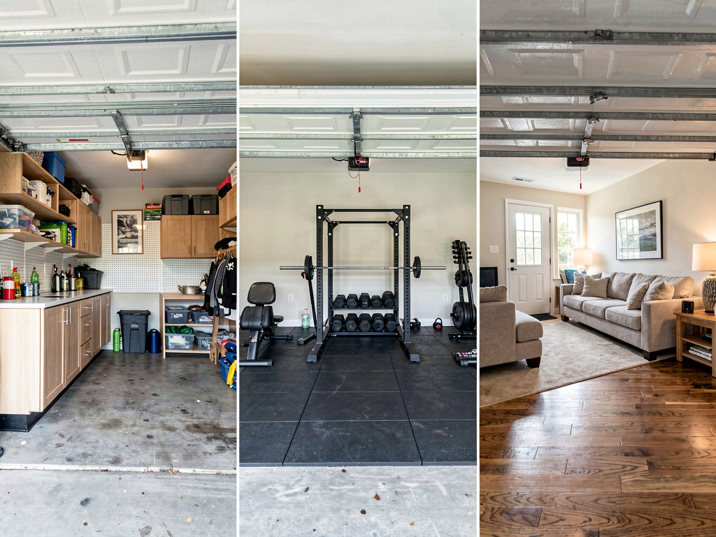 Same two-car garage rendered as workshop, home gym, and converted living space