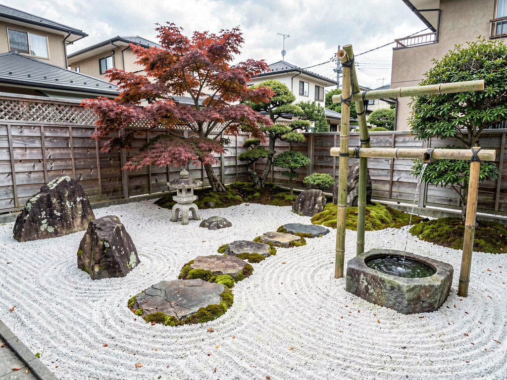 A Japanese garden with a curved gravel path, low maples, raked sand around moss-covered stones, a bamboo water feature, and stepping stones across a koi pond