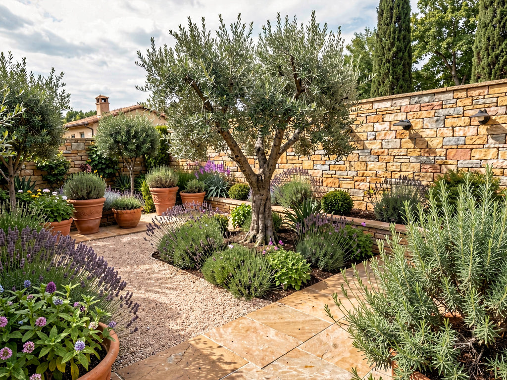 A Mediterranean garden with terracotta planters, olive trees, lavender borders, gravel paths, a wrought iron bistro set, and warm golden afternoon light