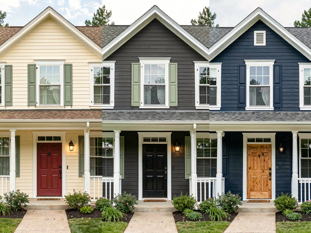 Same ranch home rendered in three different exterior color schemes