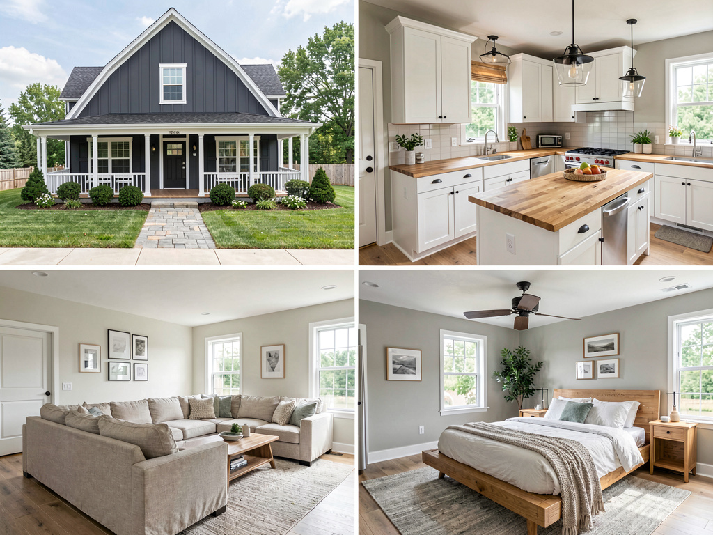 Same house rendered in modern farmhouse style — interior and exterior together