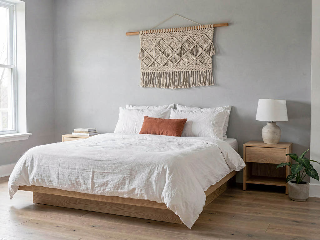 A bedroom redesigned in Japandi style with a low platform bed, terracotta pillow, ceramic lamp, and woven wall hanging