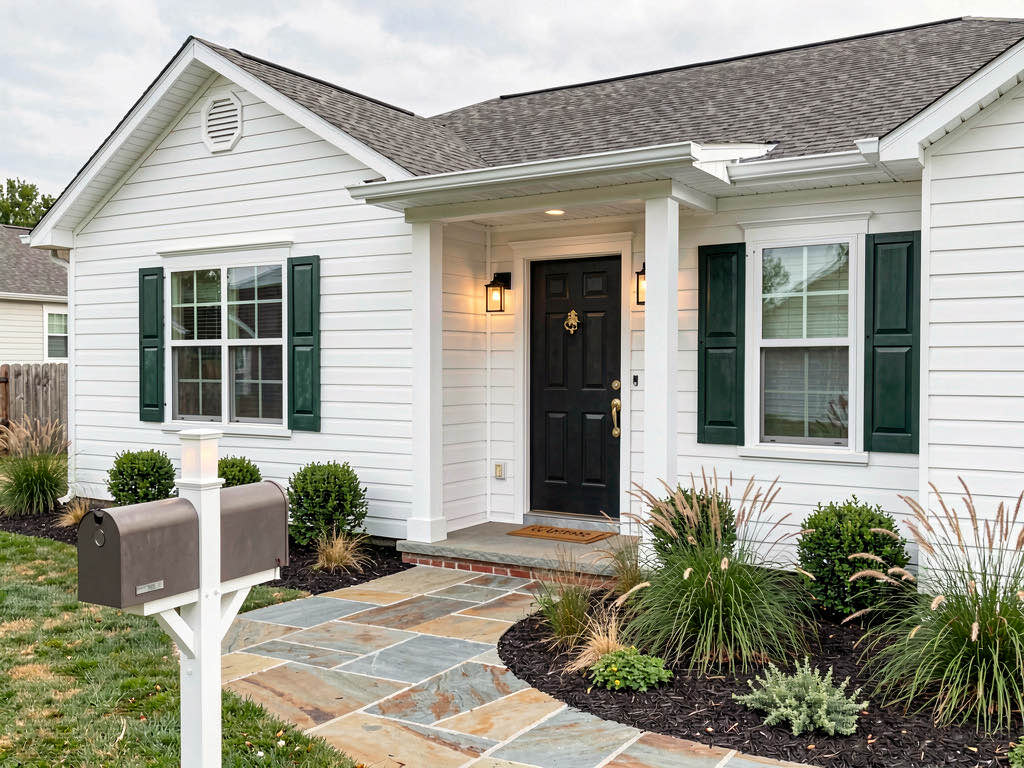 A ranch-style house exterior redesigned by AI with white paint, green shutters, landscaping, and modern porch lighting
