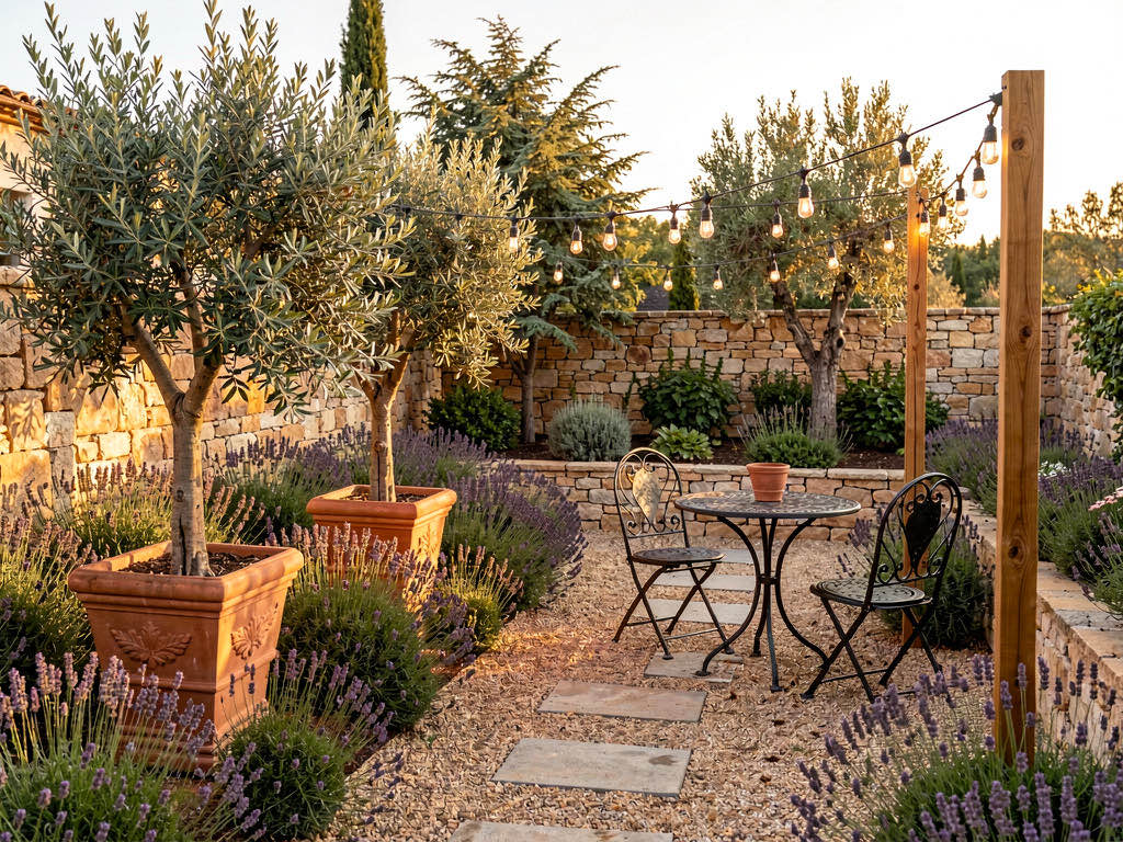 A Mediterranean-style backyard garden with terracotta planters, lavender borders, and a bistro table under string lights