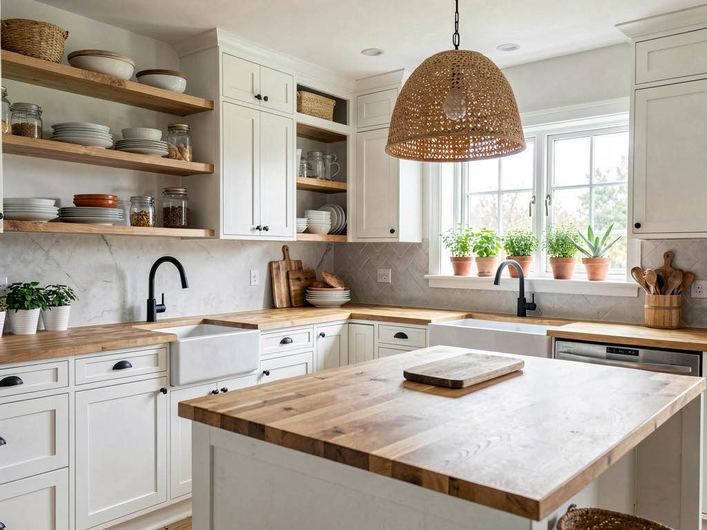 A kitchen redesigned in modern farmhouse style with white shaker cabinets, butcher block counters, and a pendant light over the island