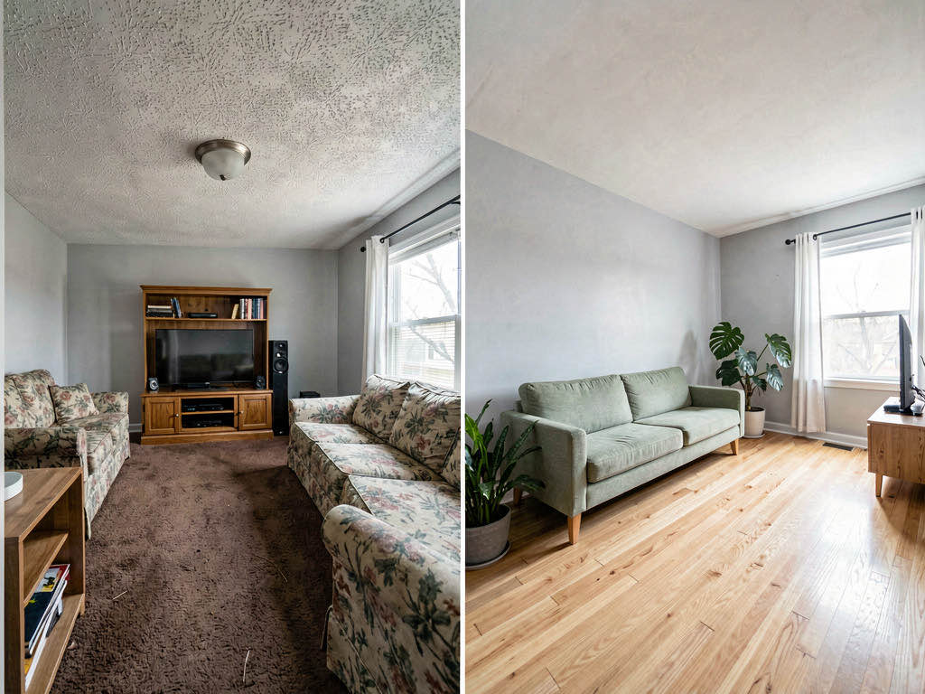 Before and after of a dated living room transformed into a modern space with sage sofa, slim TV console, and potted plants