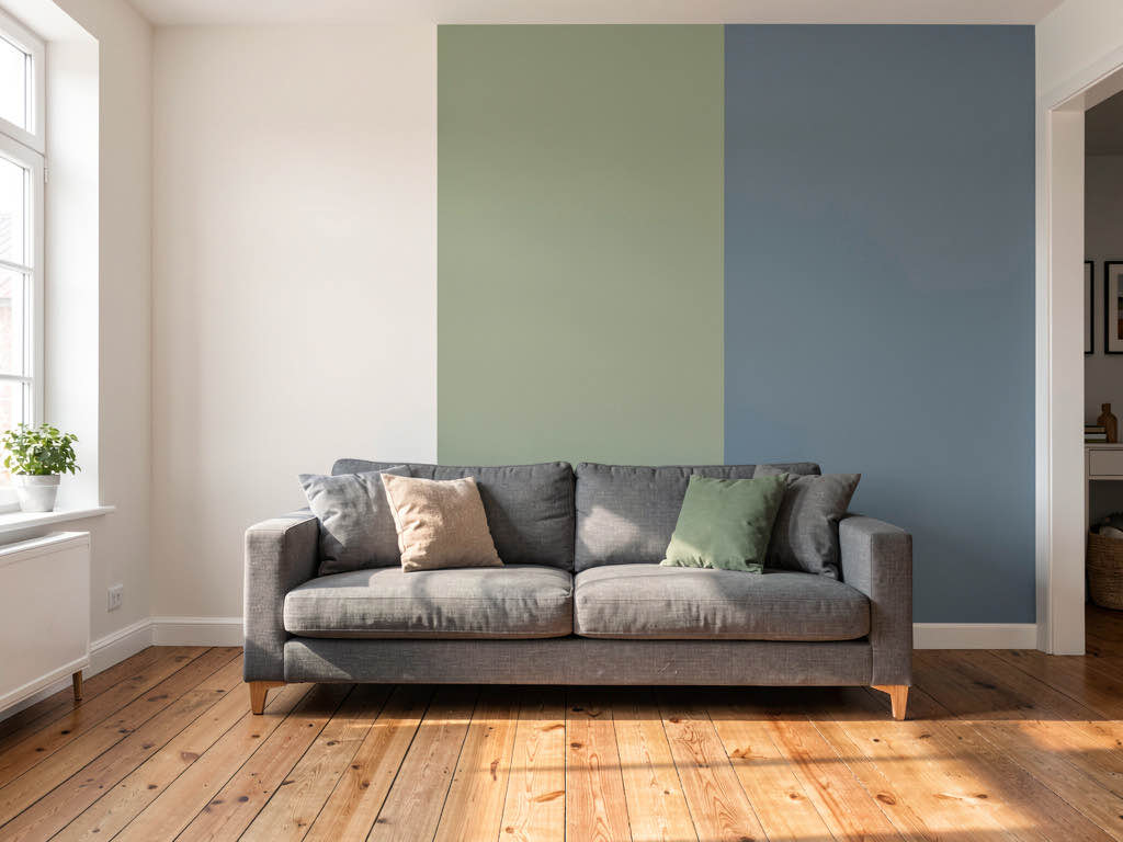A living room wall shown in three paint color options — warm white, sage green, and dusty blue — using AI paint visualization
