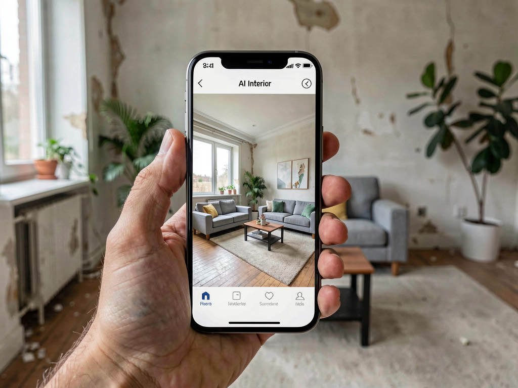 A person holding a smartphone showing an AI-redesigned living room, with the original dated room visible in the background