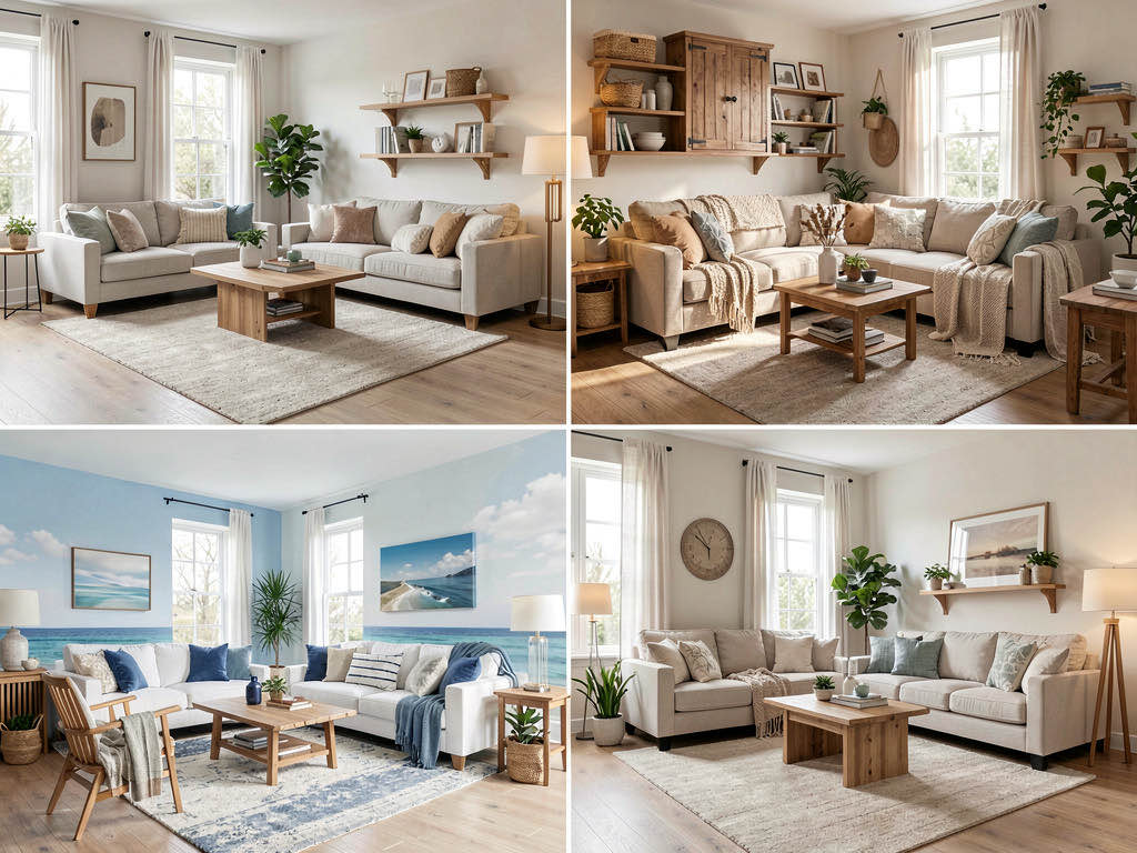 Four AI-generated versions of the same living room in modern, farmhouse, coastal, and Scandinavian styles arranged in a grid