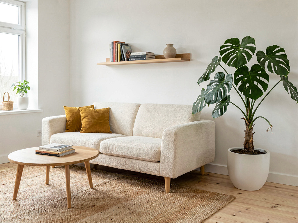 The same living room redesigned in Scandinavian style with light birch floors, a cream boucle sofa, oak slat coffee table, and a large monstera plant in the corner