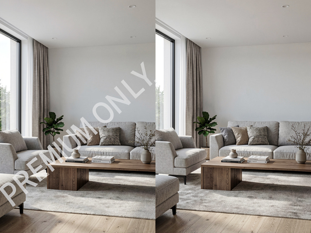 A split comparison showing the same AI living room design — left side covered by a large PREMIUM ONLY watermark making it unusable, right side clean and watermark-free