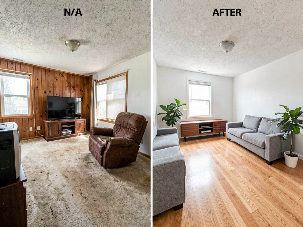 Side-by-side before and after of a dated living room with brown carpet and wood paneling transformed into a modern space with hardwood floors, gray sofa, and plants