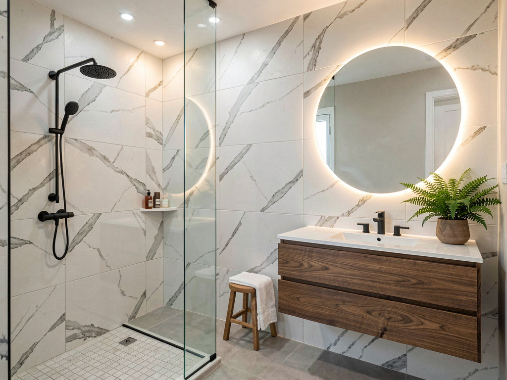 A spa-style bathroom redesigned by AI with walk-in shower, walnut vanity, backlit mirror, and matte black fixtures