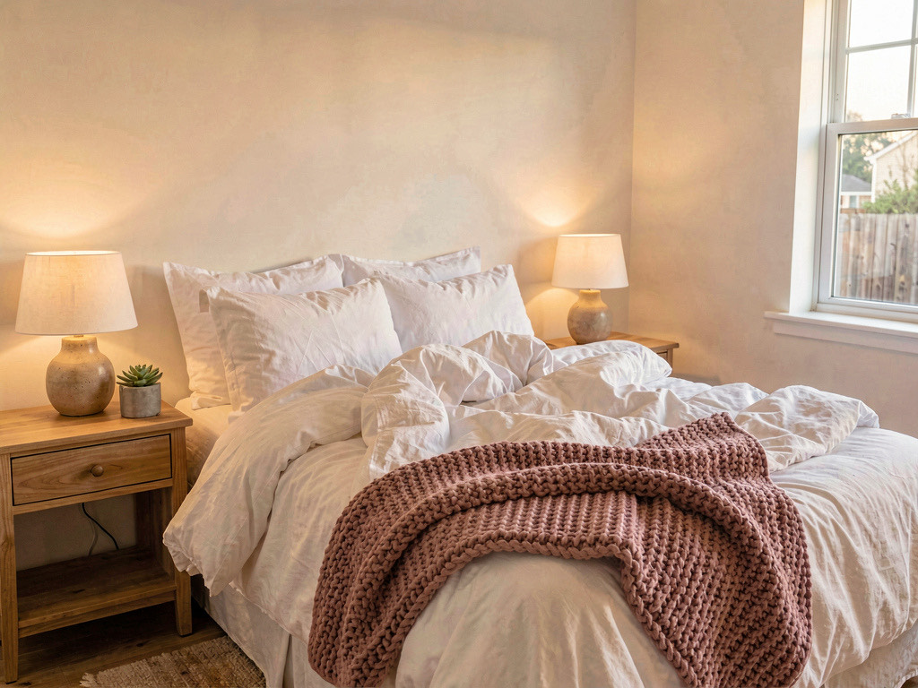 A cozy bedroom redesigned in warm contemporary style with white linen bedding, dusty rose throw, wooden nightstands, and soft evening light