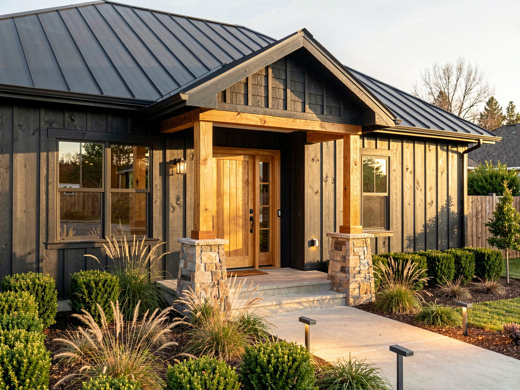 A house exterior redesigned in modern craftsman style with dark siding, natural wood door, stone porch columns, and updated landscaping