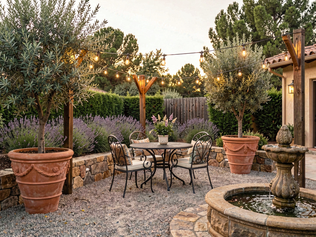 A Mediterranean backyard redesigned by AI with terracotta planters, olive trees, lavender borders, bistro table, and string lights at golden hour