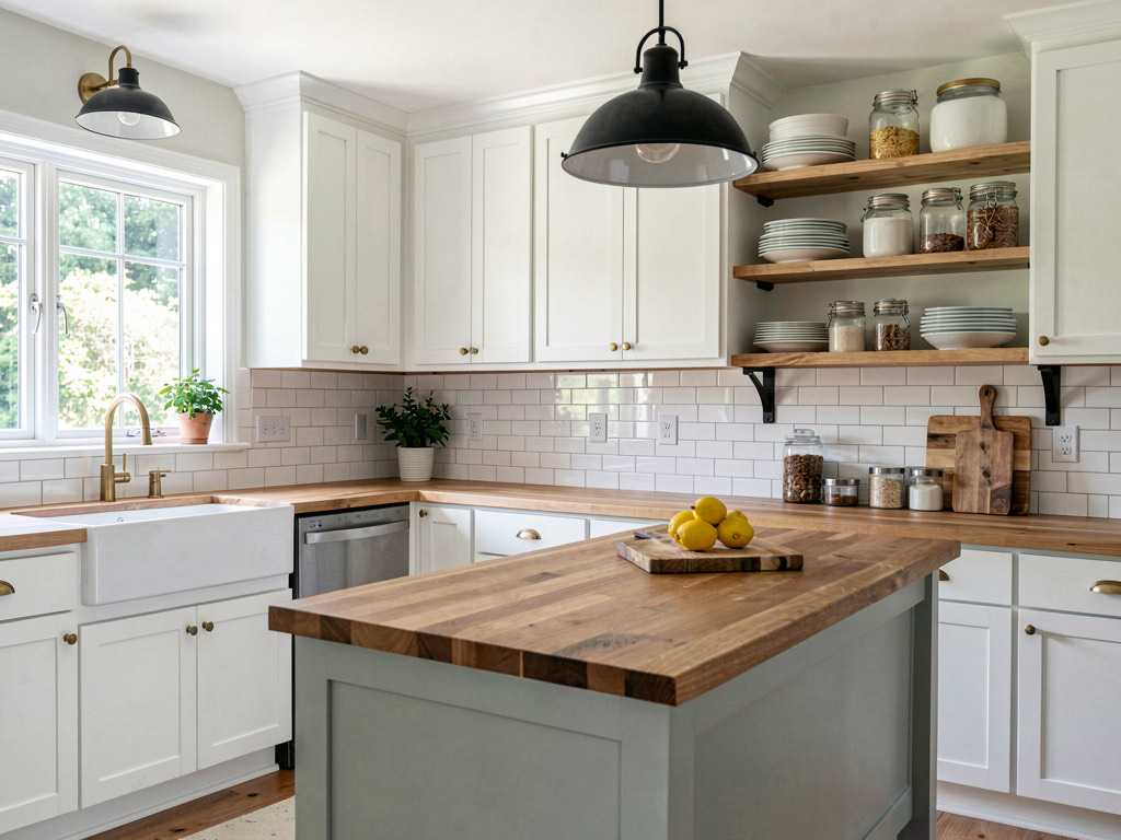 A farmhouse kitchen redesigned by AI with white shaker cabinets, butcher block countertops, farmhouse sink, and subway tile backsplash